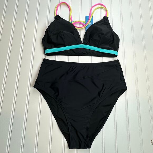 Cupsh Other - Cupshe Women 2 Piece Swimsuit Medium Black Neon Strappy Back High Waisted Cheeky